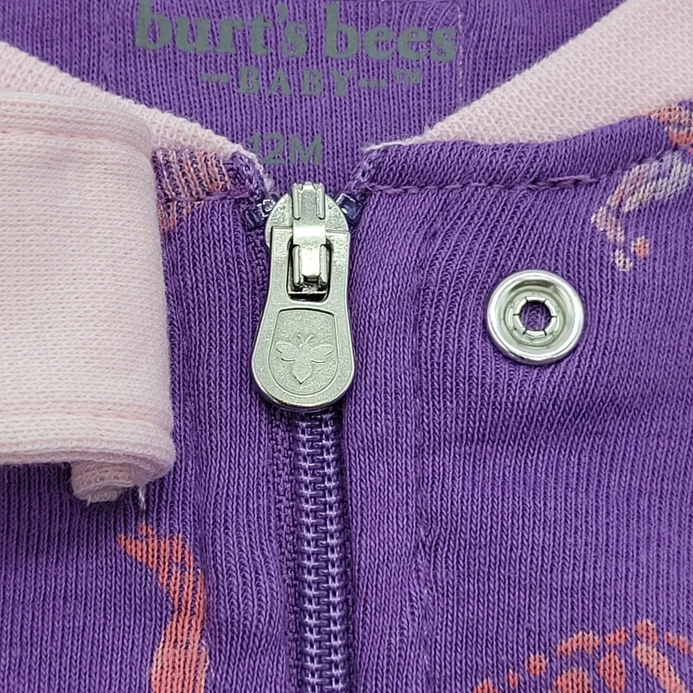 Burt's Bees Baby Pajamas Purple Pink Dinosaur Print One Piece Zip Footie 12m NEW